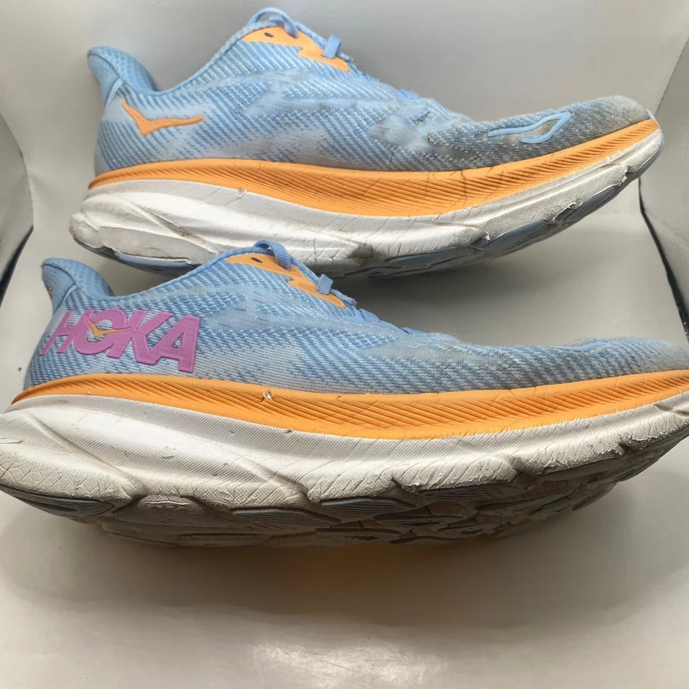 Hoka Clifton 9 Running Shoes Womens 9.5 Blue Orange Pink Mesh Athletic Sneakers